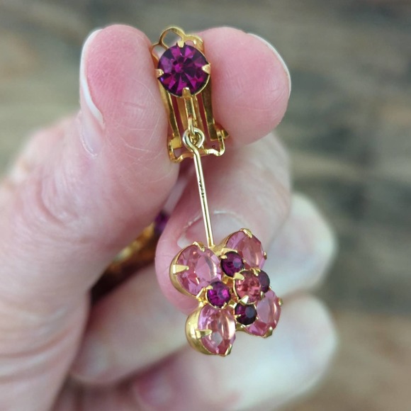 Pink Rhinestone Drop Clip-on Dangle Earrings - Picture 7 of 8